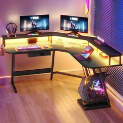 Gaming Desk Corner Table Computer Desk with RGB Light Power Outlets