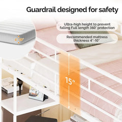 Twin Metal Loft Bed Frame With 15" Safety Guardrail, Non-Slip Ladder, 2 Charging Stations, L-Shaped Desk, and Storage Shelves