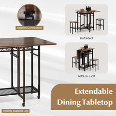 3-Piece Foldable Dining Table Set, Extendable Dining Table & 2 Stools Set w/ 6-Bottle Wine Rack, Side Pushing Handl
