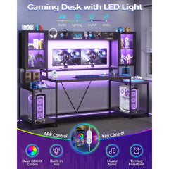 Gaming Desk 74.8'' with LED Lights, Hutch and Storage Shelves, Computer Desk with Monitor Stand, Large PC Gamer Desk Workstatio