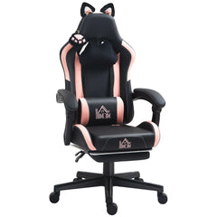 Cute Racing Gamer Chair, Faux Leather Gaming Chair with Footrest, Headrest and Lumbar Support, Black