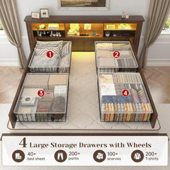 Queen Bed Frame with 4 Storage Drawers, LED lights, Headboard, and Charging Station