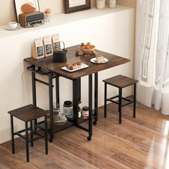 3-Piece Foldable Dining Table Set, Extendable Dining Table & 2 Stools Set w/ 6-Bottle Wine Rack, Side Pushing Handl