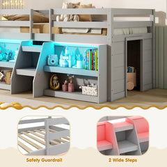 Kids Loft Bed with LED Light, Wooden Double Loft Bed with Stairs and Safety Guardrail, with Storage Bookcase