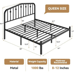 14 Inch Queen Bed Frame, Sturdy Rustic Metal Bed Frame Queen Size, Queen Bed Frame with Headboard and 12.5" Under