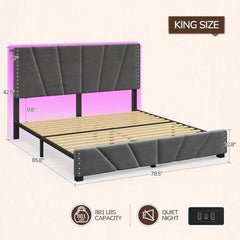 EnHomee King Size Bed Frame with Velvet Headboard and LED Lights, Storage Headboard Platform Bed with Charging Station, Sturdy W
