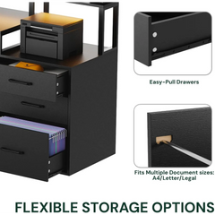 65.7" L Shaped Desk with Drawers, Corner Computer Gaming Desk with Power Outlet & LED Light, Office Desk with File Drawer
