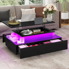 LED Lift Top Coffee Table, Modern Living Room Tables with 4 Spacious Drawers, Black