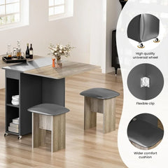 Folding Dining Table Set for 4, 4 Leather Chairs & Shelves – Foldable with 6 Wheels, Space-Saving Design