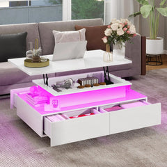 LED Lift Top Coffee Table, Modern Living Room Tables with 4 Spacious Drawers, Black