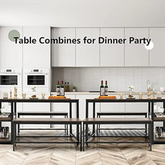 3-Piece Dining Table Set for 4, Rustic Pub Dining Table with 2 Benches, 2 Storage Shelves and Glass Holder, Breakfast Kitchen