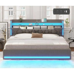 King Size Bed Frame with Marshmallow Headboard and Storage, Metal Bed Frame with LED Lights & Charging Station, Upholstered Plat