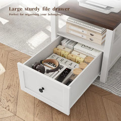 63" Farmhouse Style Computer Desk with Drawers, Storage Shelves and Power Outlets, Home Office Desks with Long Monitor Stand fo