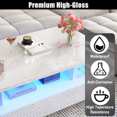 43 Inch LED Coffee Table w/2 Storage Drawers, Modern High Gloss Coffee Table w/Display Shelf, Rectangle 2-Tier Center Table