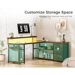 61" L Shaped Desk with Drawer, Computer Desk with Power Outlets & LED Lights, Reversible Corner Gaming Desk