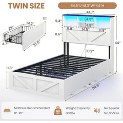 Twin Size Bed Frame with Bookcase Storage Headboard Charging Station & LED Lights Wooden Bed Frames Featuring 4 Drawers