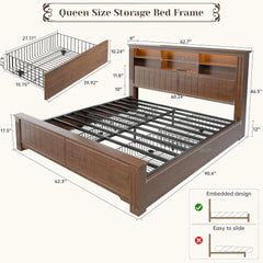 Queen Bed Frame with 4 Storage Drawers, LED lights, Headboard, and Charging Station