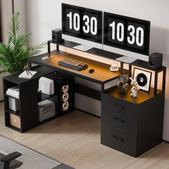 65.7" L Shaped Desk with Drawers, Corner Computer Gaming Desk with Power Outlet & LED Light, Office Desk with File Drawer