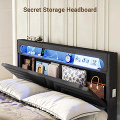 Queen Floating Bed Frame with RGB LED Lights Headboard, USB-C/A Power Combo, Linen Upholstered Platform Bed with Storage Headboa