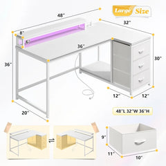 L Shaped Gaming Desk with LED & Power Outlet, 40Inch Computer Desk with Drawers Reversible Corner Desks with Monitor Stand for