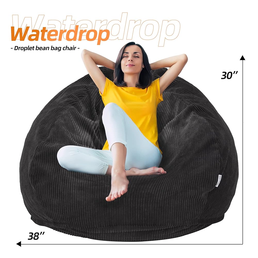 Bean Bag Chair: Teardrop Bean Bags With Memory Foam Filled, Compact Beanbag Chairs Soft Sofa With Corduroy Cover (Black)