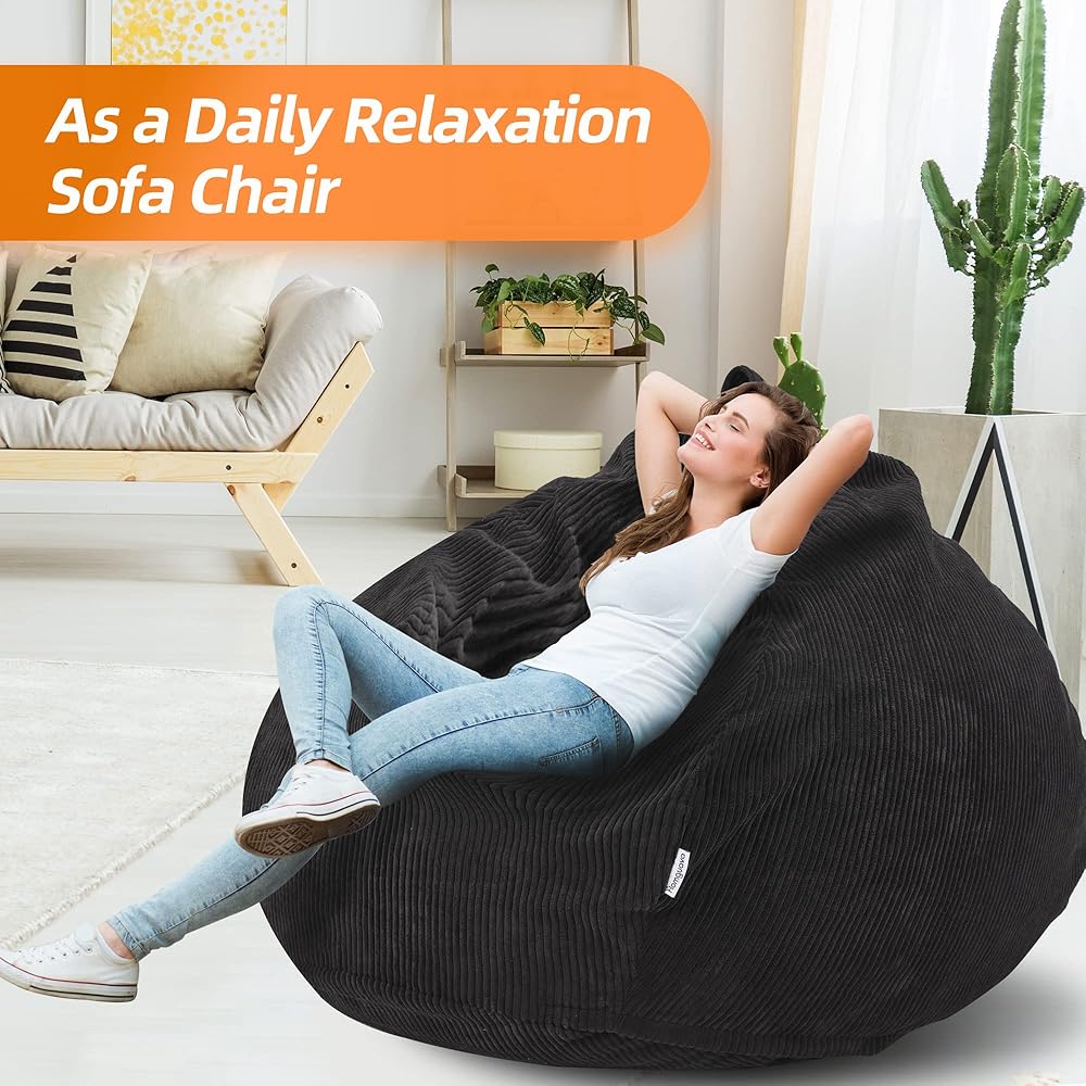 Bean Bag Chair: Teardrop Bean Bags With Memory Foam Filled, Compact Beanbag Chairs Soft Sofa With Corduroy Cover (Black)