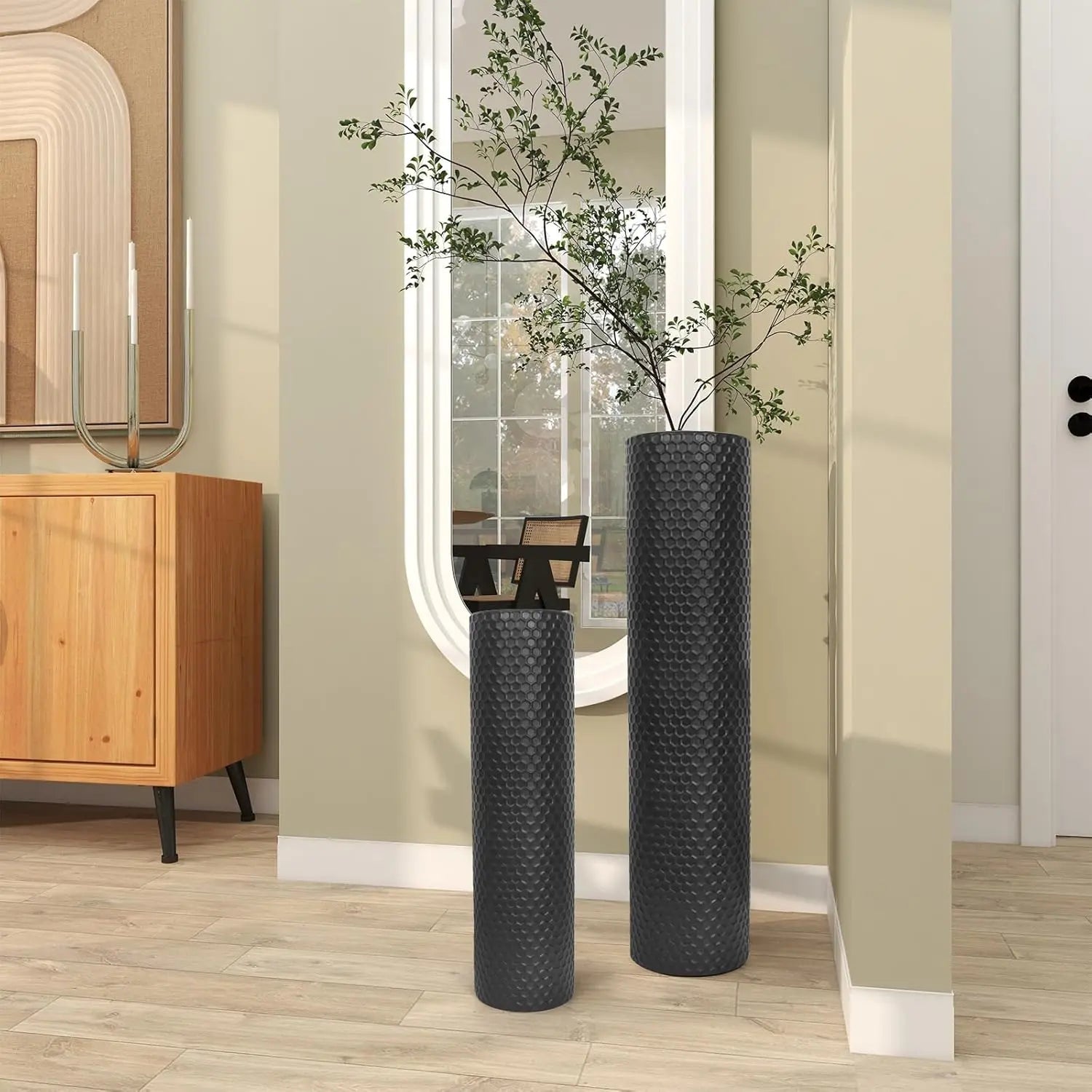 Set of 2 Tall Black Cylinder Vases - 27/21in Metal Honeycomb Texture for Modern Home Decor
