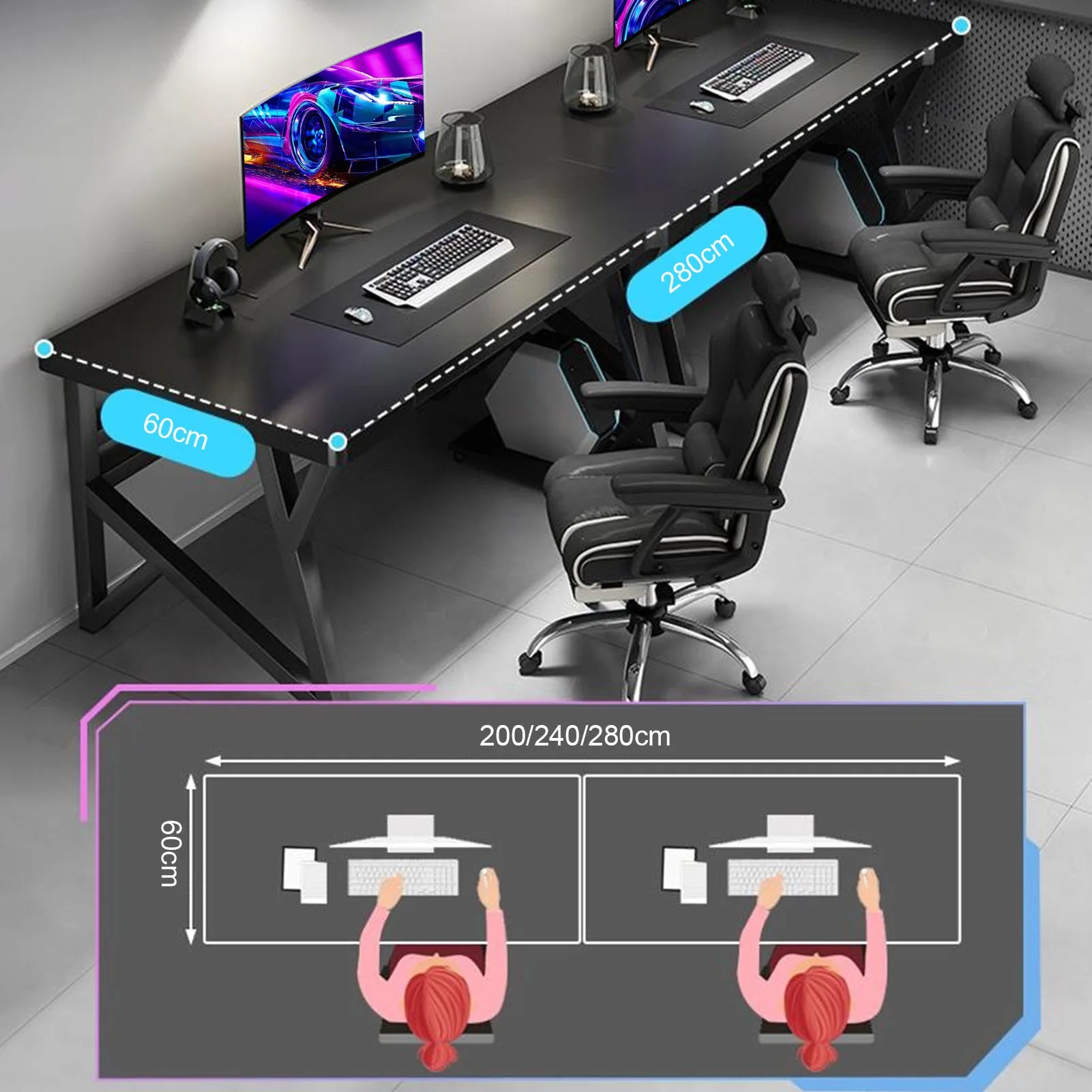 Home Office Gaming Desk with K-shaped Steel Legs, Modern Black Laptop Computer Desk with Cable Management Hole, Corner Table