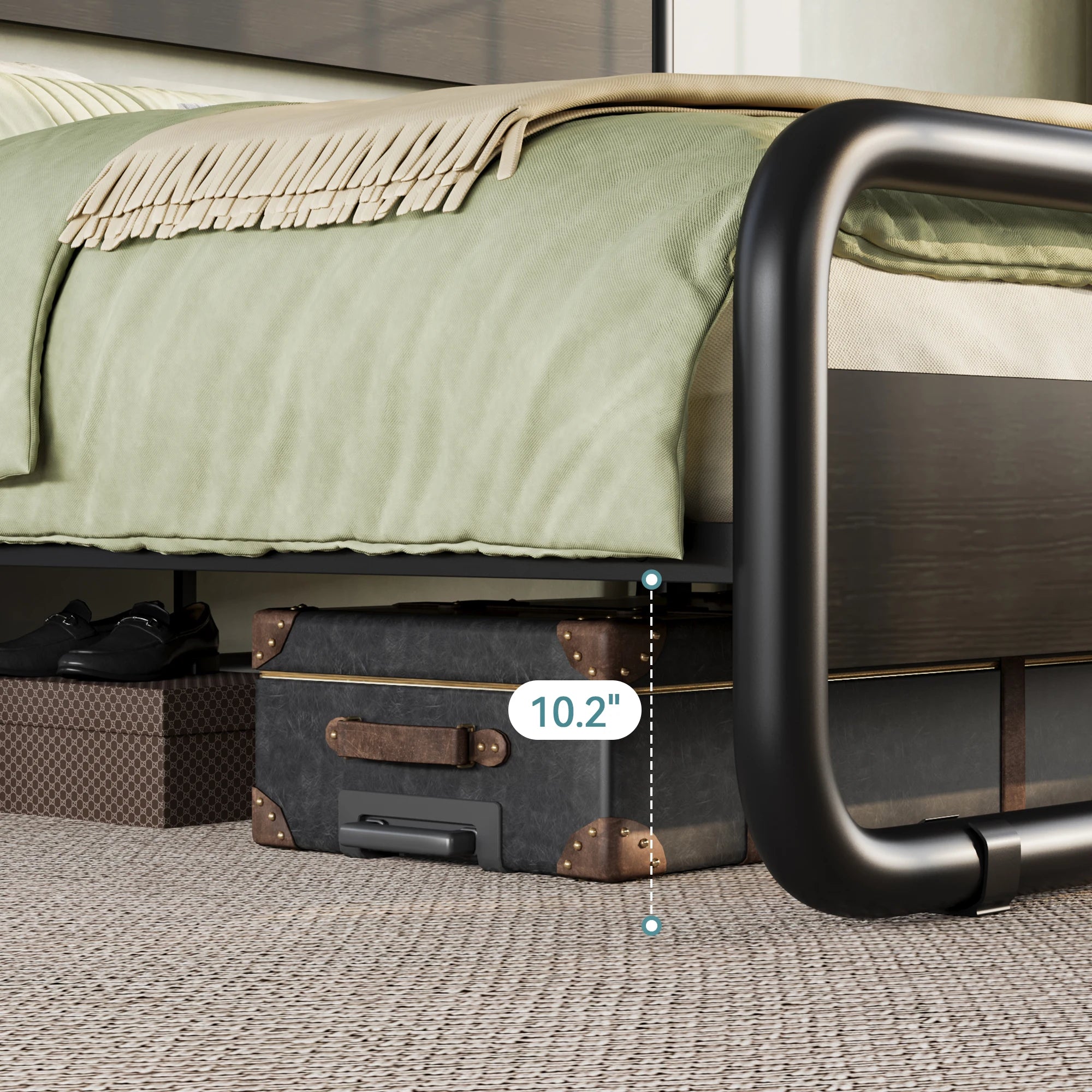 Metal Bed Frame with Curved Wooden Headboard & Footboard