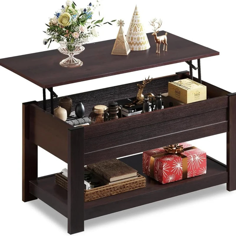 FurnishSpot Lift-Top Coffee Table with Hidden Storage & Shelf – Modern Farmhouse Coffee Table for Small Living Rooms