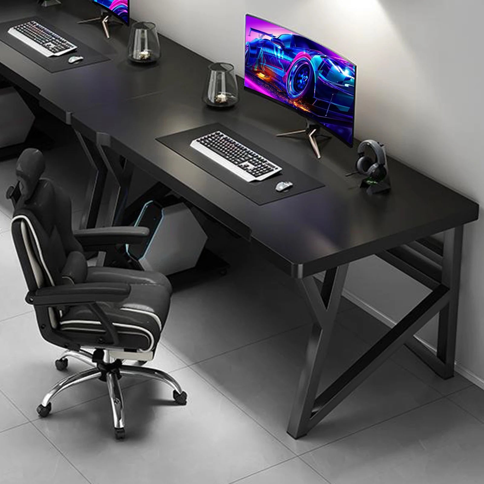 Home Office Gaming Desk with K-shaped Steel Legs, Modern Black Laptop Computer Desk with Cable Management Hole, Corner Table