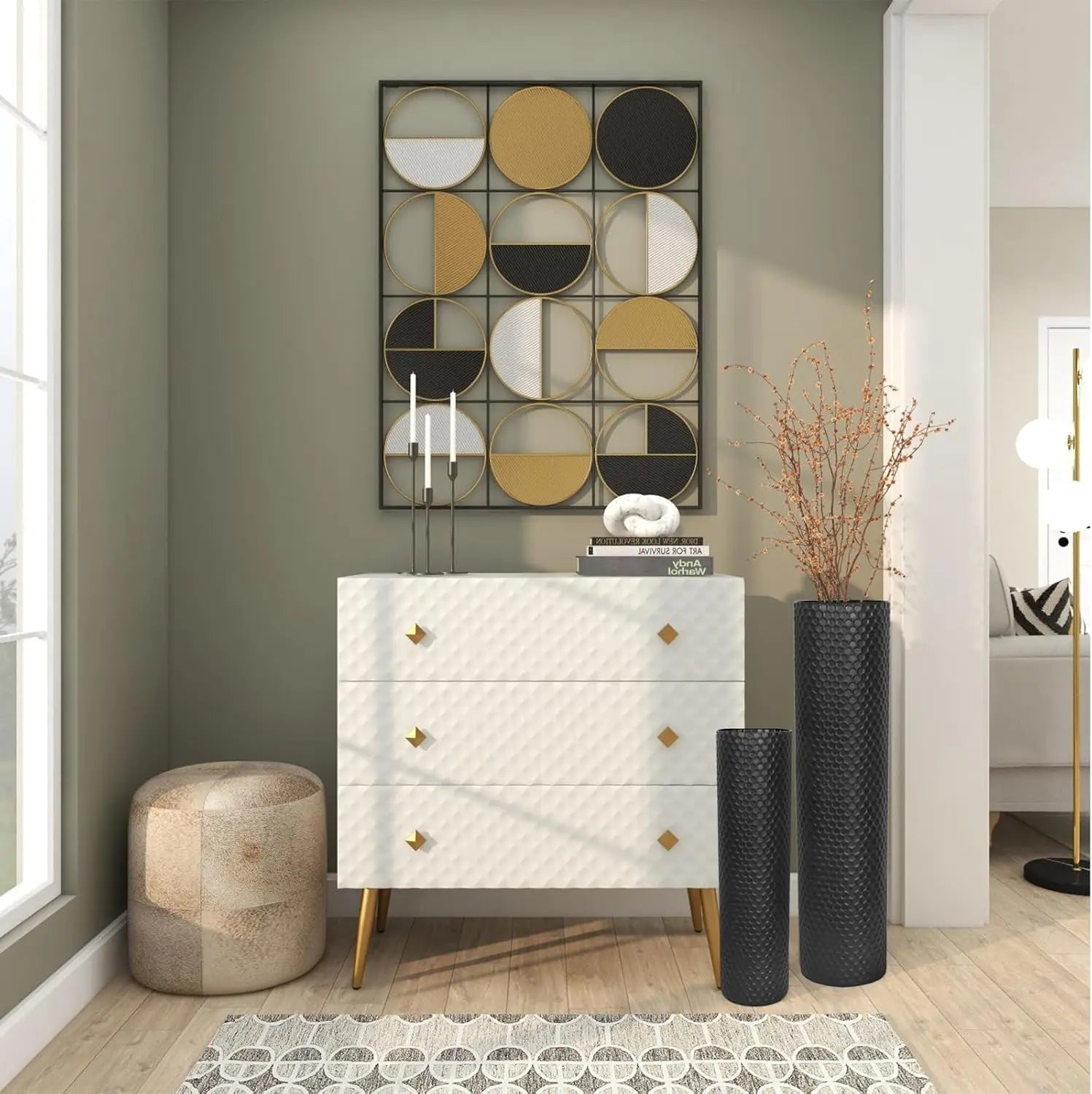 Set of 2 Tall Black Cylinder Vases - 27/21in Metal Honeycomb Texture for Modern Home Decor