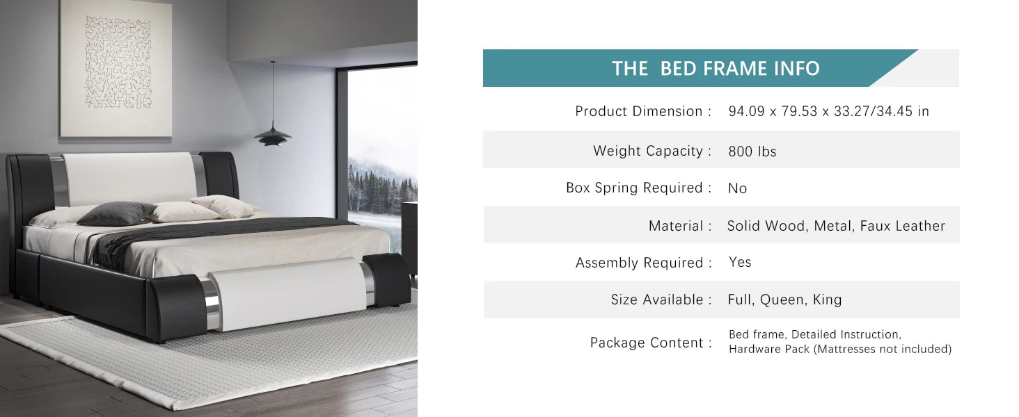 Modern Faux Leather Low Profile Platform Bed with Height-Adjustable Headboard