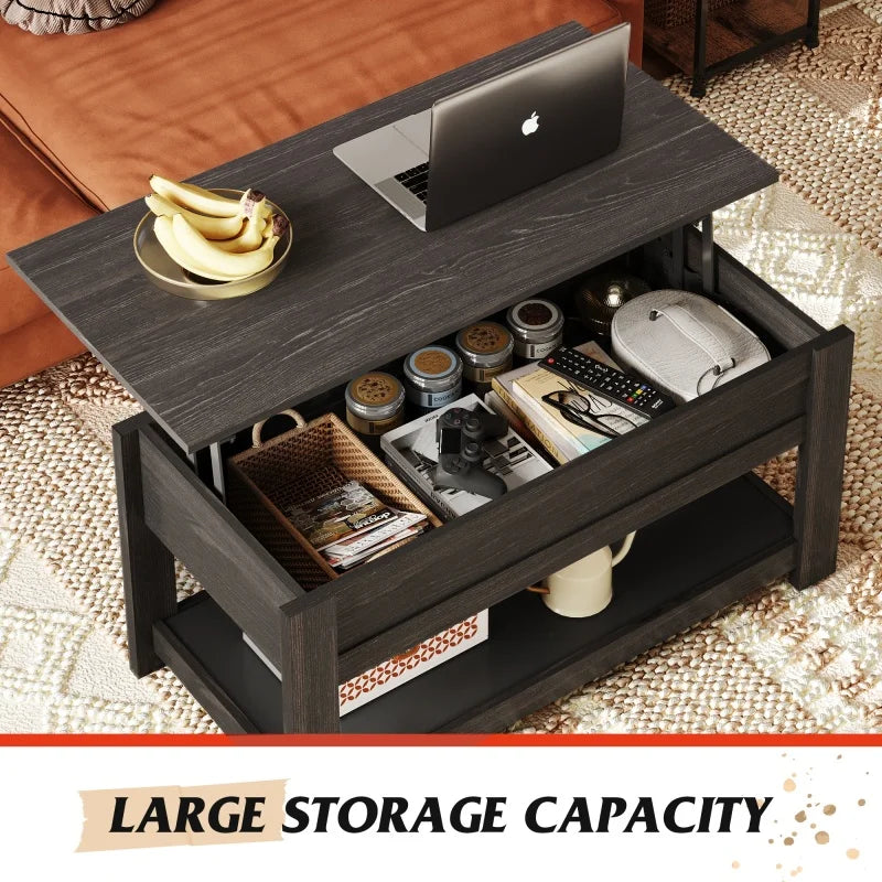 FurnishSpot Lift-Top Coffee Table with Hidden Storage & Shelf – Modern Farmhouse Coffee Table for Small Living Rooms
