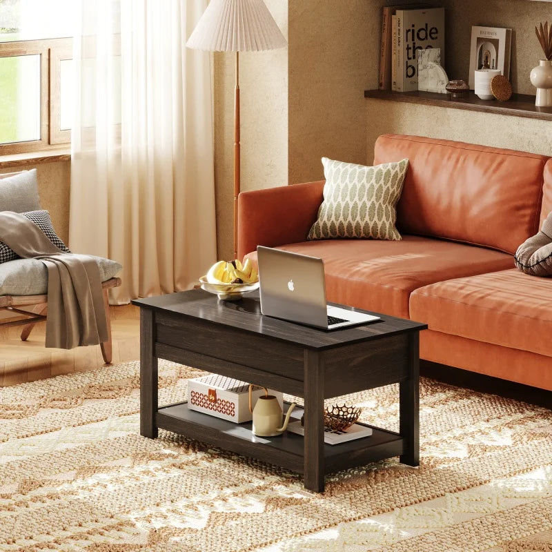 FurnishSpot Lift-Top Coffee Table with Hidden Storage & Shelf – Modern Farmhouse Coffee Table for Small Living Rooms