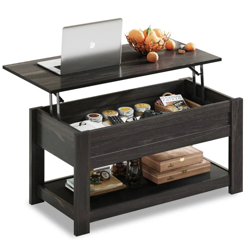 FurnishSpot Lift-Top Coffee Table with Hidden Storage & Shelf – Modern Farmhouse Coffee Table for Small Living Rooms