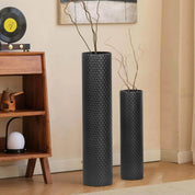 Set of 2 Tall Black Cylinder Vases - 27/21in Metal Honeycomb Texture for Modern Home Decor