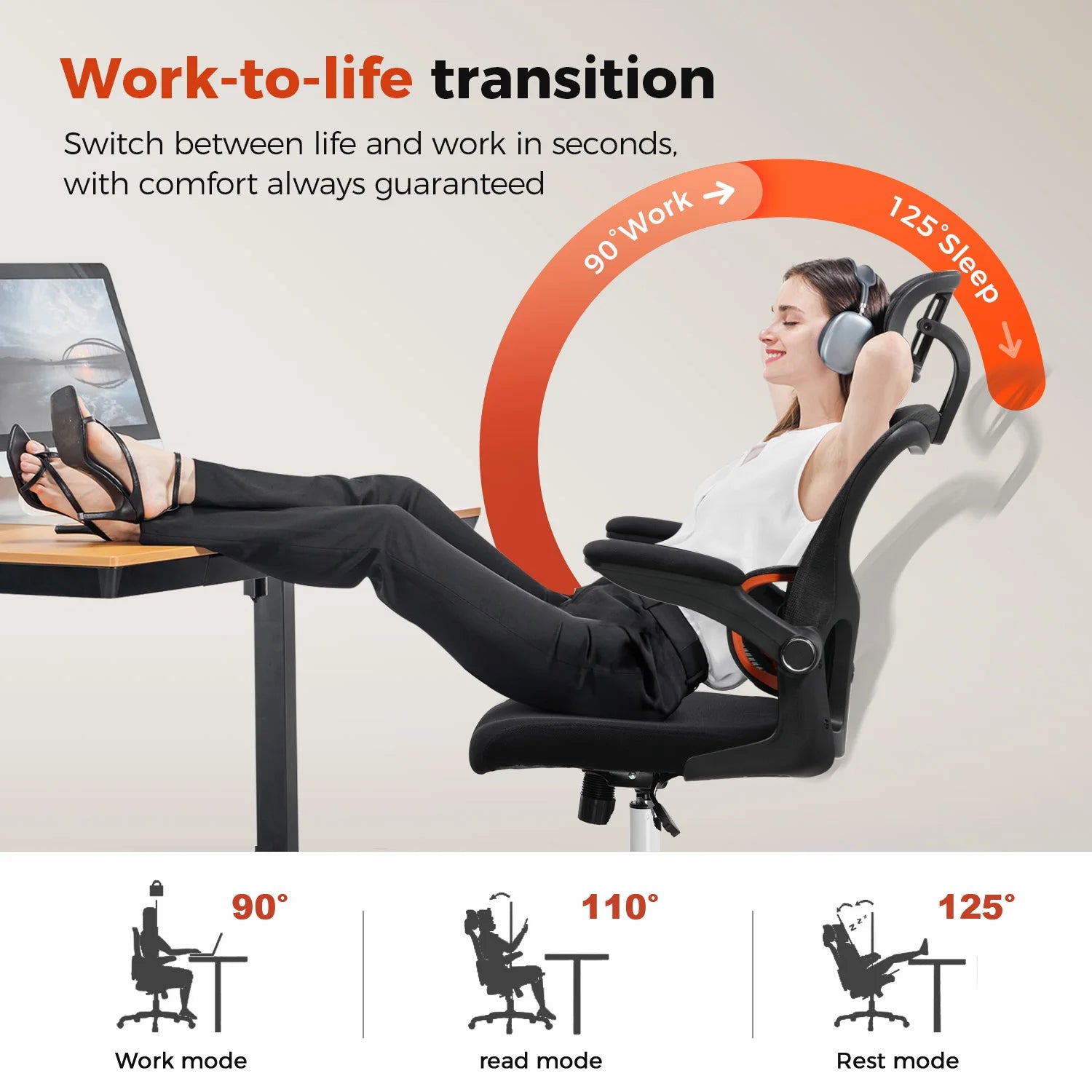 Ergonomic Office Chair with Flip-Up Armrests and Saddle Cushion