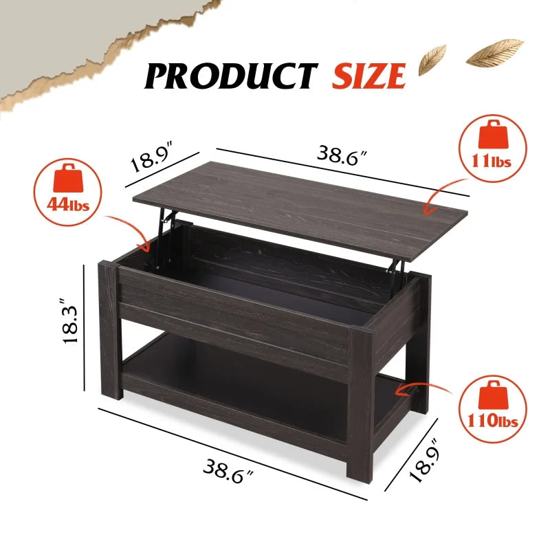 FurnishSpot Lift-Top Coffee Table with Hidden Storage & Shelf – Modern Farmhouse Coffee Table for Small Living Rooms