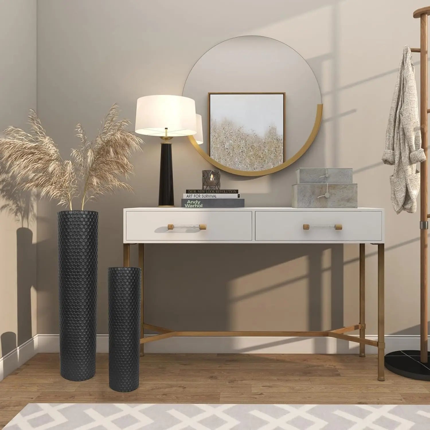 Set of 2 Tall Black Cylinder Vases - 27/21in Metal Honeycomb Texture for Modern Home Decor