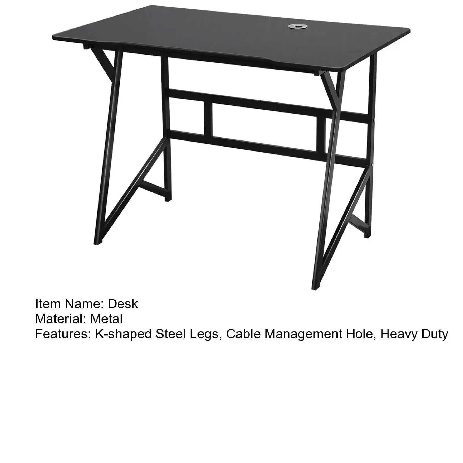 Home Office Gaming Desk with K-shaped Steel Legs, Modern Black Laptop Computer Desk with Cable Management Hole, Corner Table