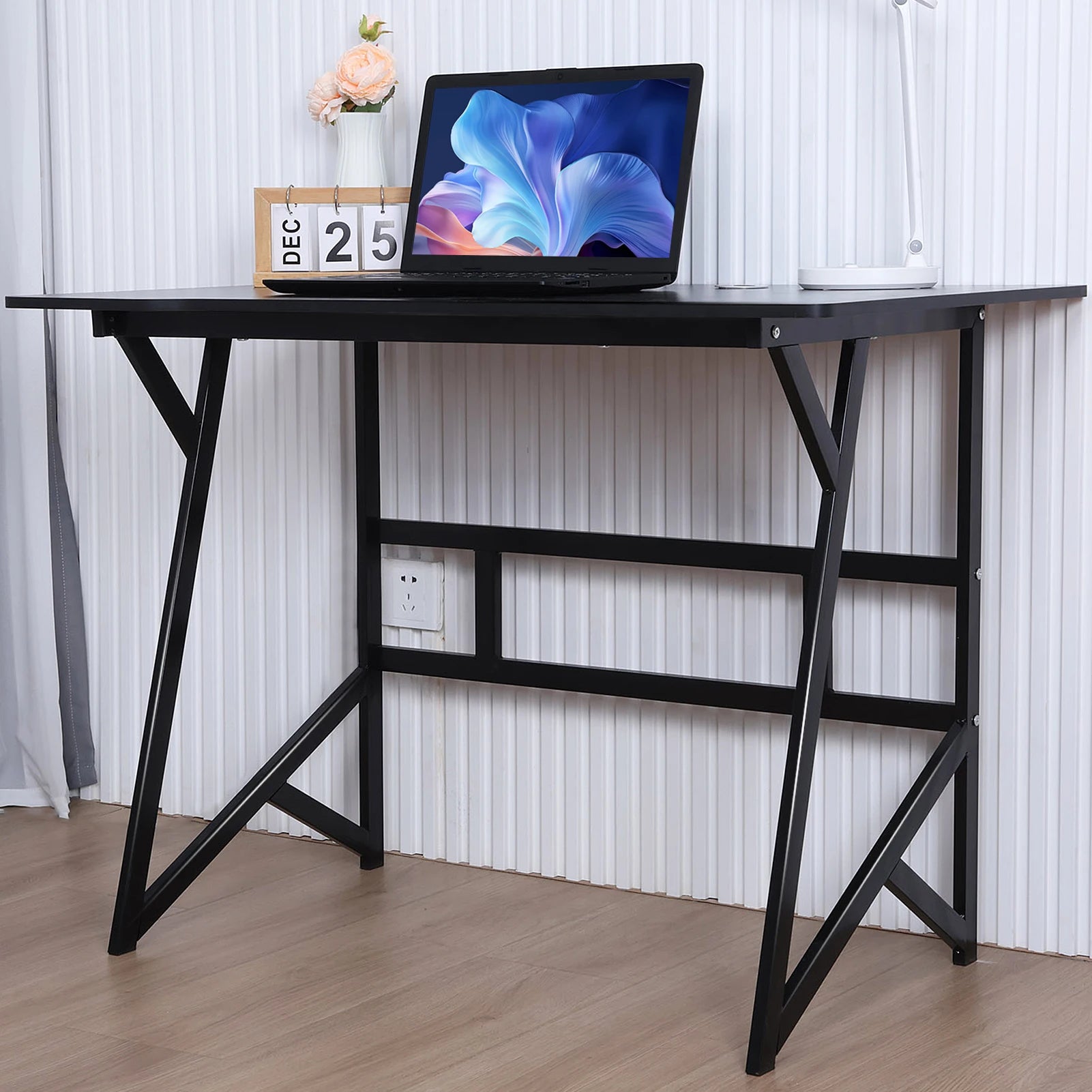 Home Office Gaming Desk with K-shaped Steel Legs, Modern Black Laptop Computer Desk with Cable Management Hole, Corner Table