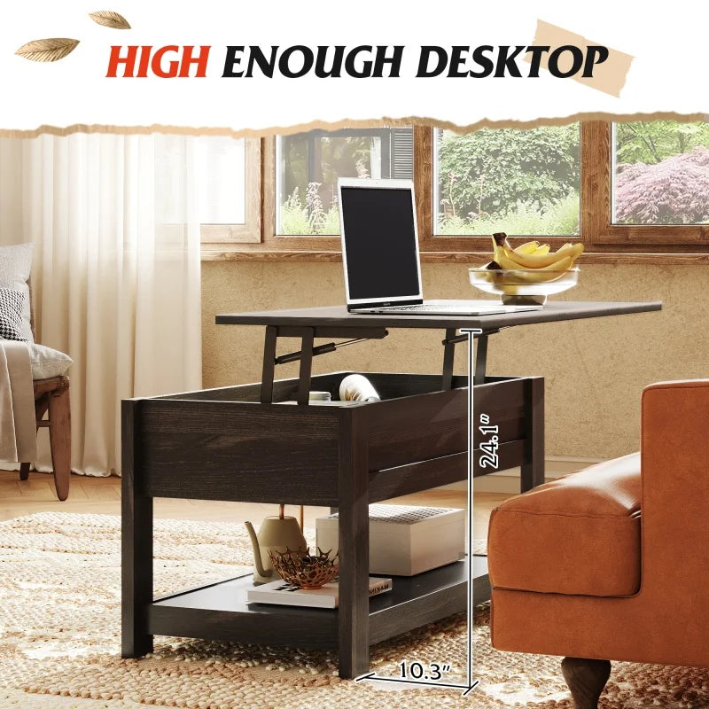 FurnishSpot Lift-Top Coffee Table with Hidden Storage & Shelf – Modern Farmhouse Coffee Table for Small Living Rooms