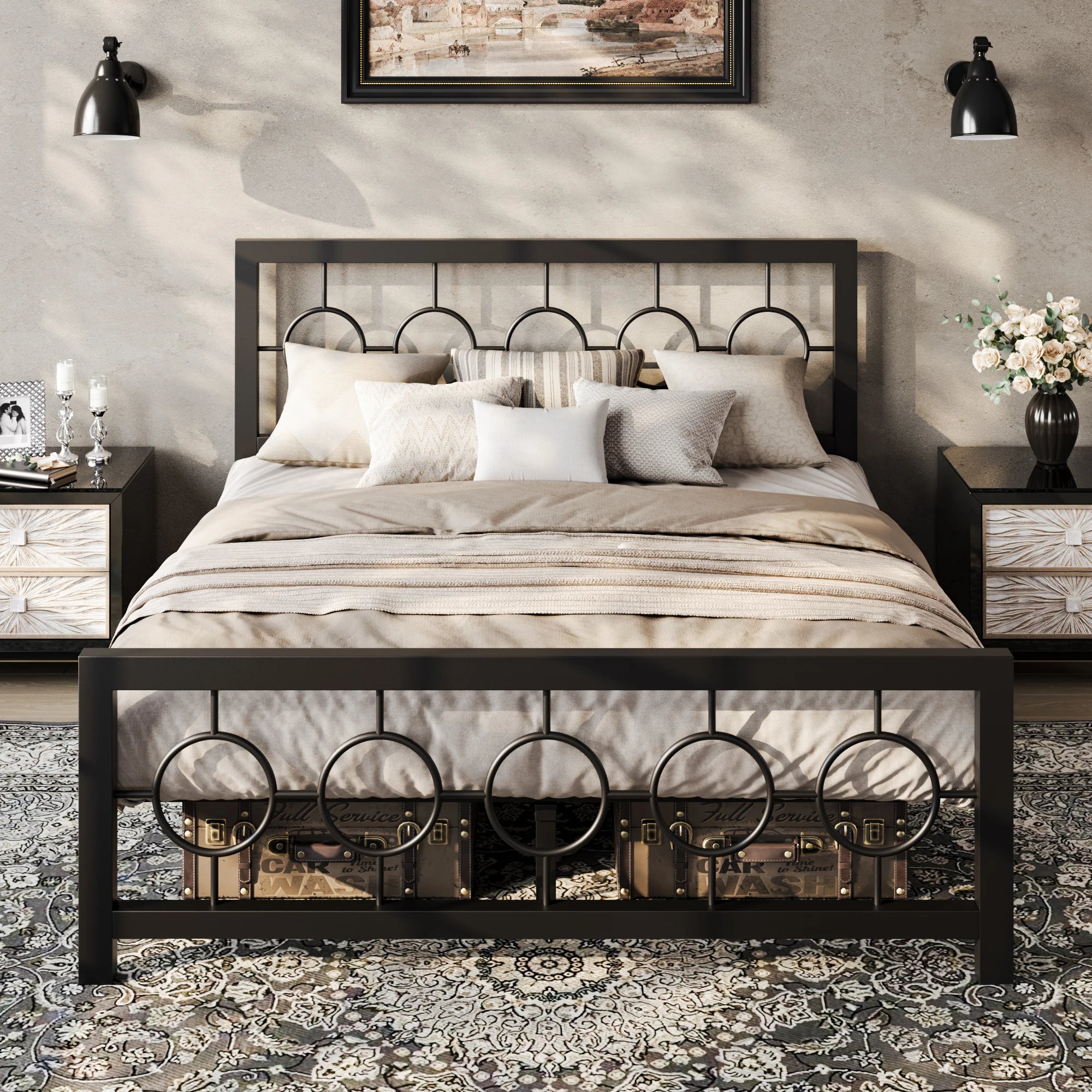 Metal Platform Bed Frame with Vintage Circular Design Headboard and Footboard
