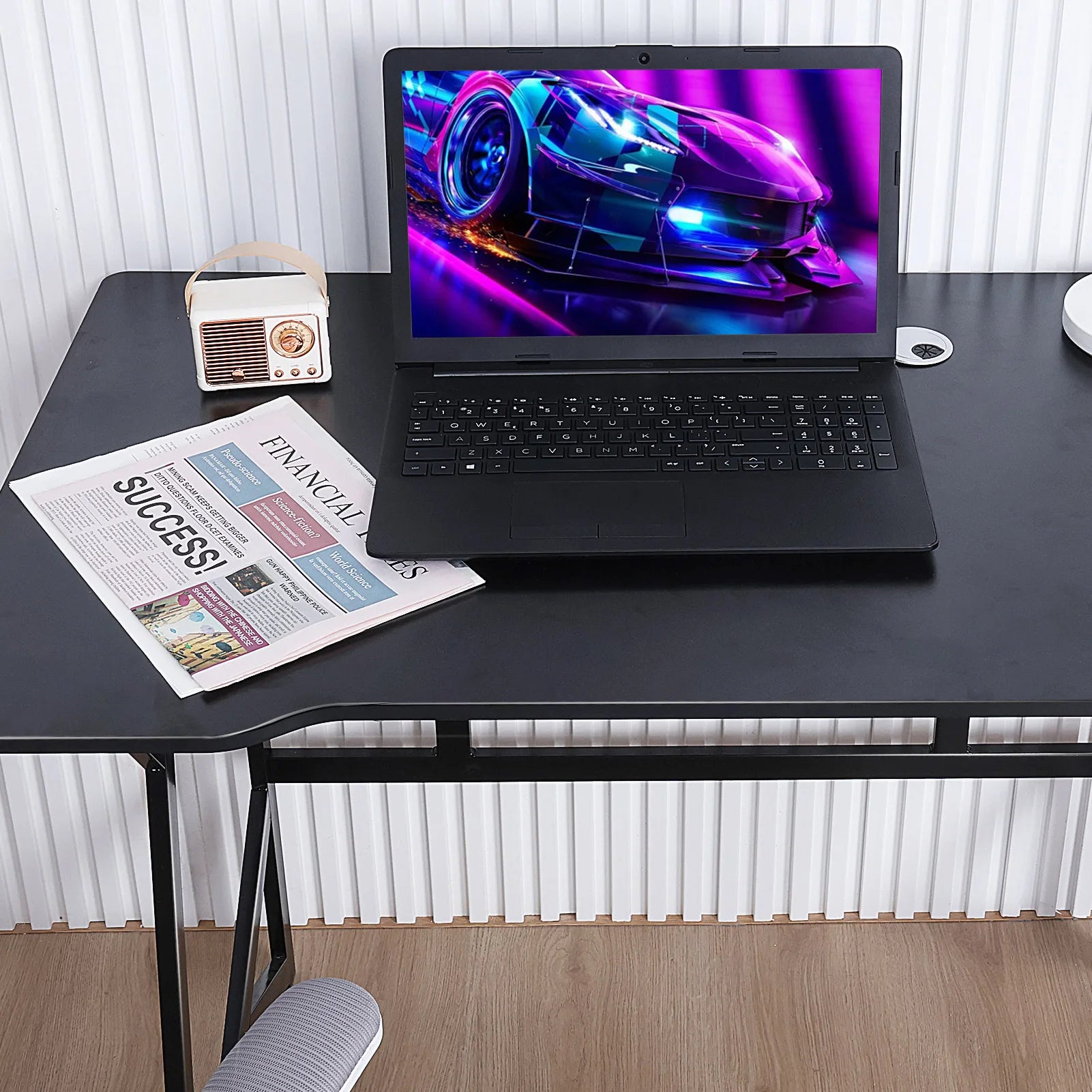 Home Office Gaming Desk with K-shaped Steel Legs, Modern Black Laptop Computer Desk with Cable Management Hole, Corner Table