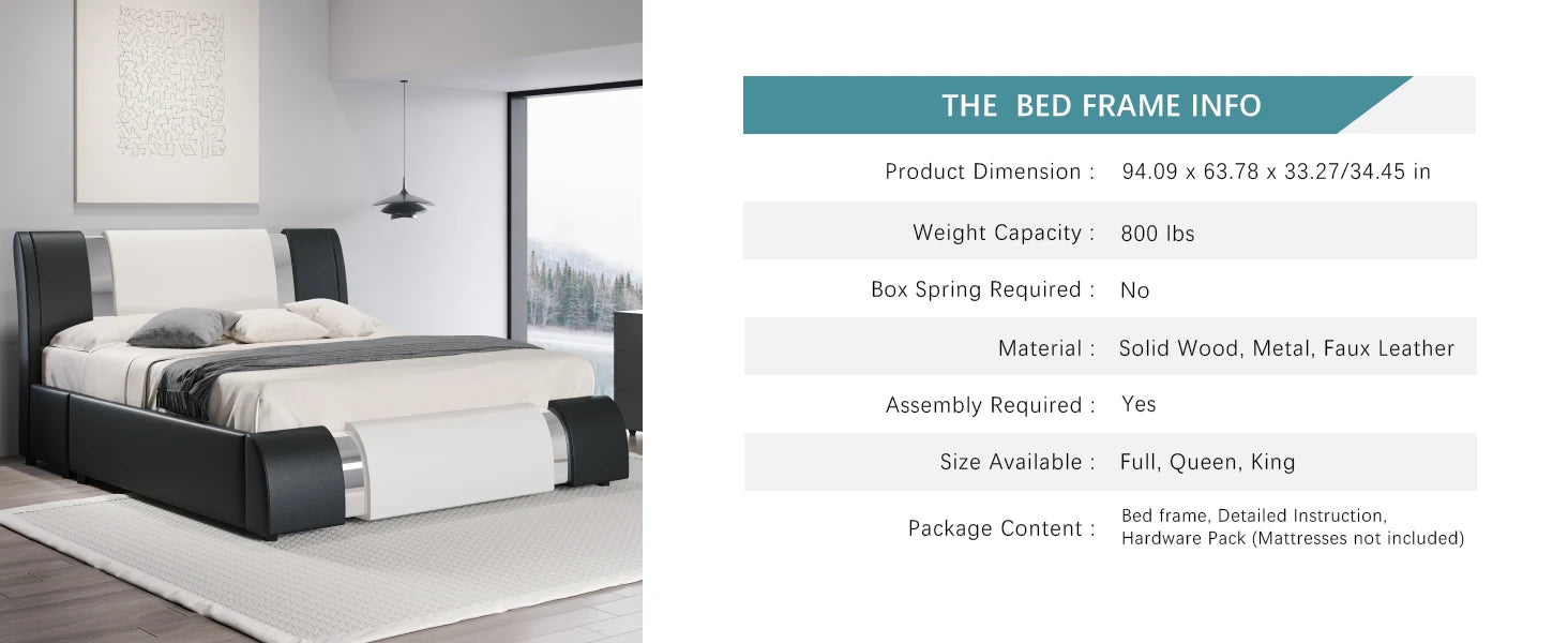 Modern Faux Leather Low Profile Platform Bed with Height-Adjustable Headboard