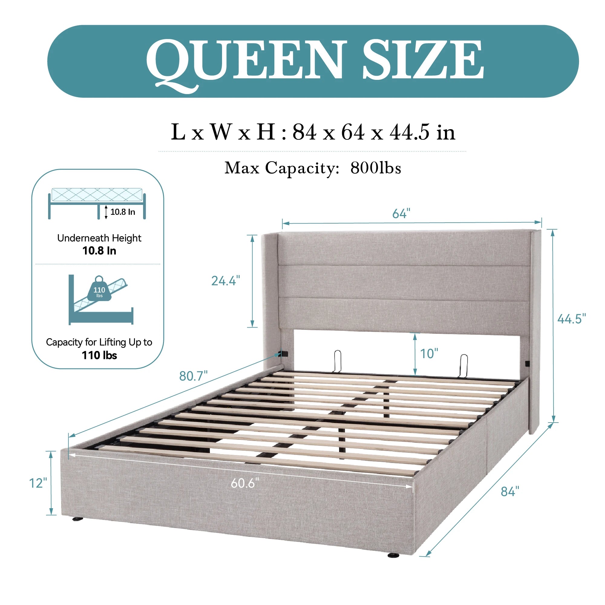 Lift Up Storage Bed with Wingback Headboard and Large Underneath Storage