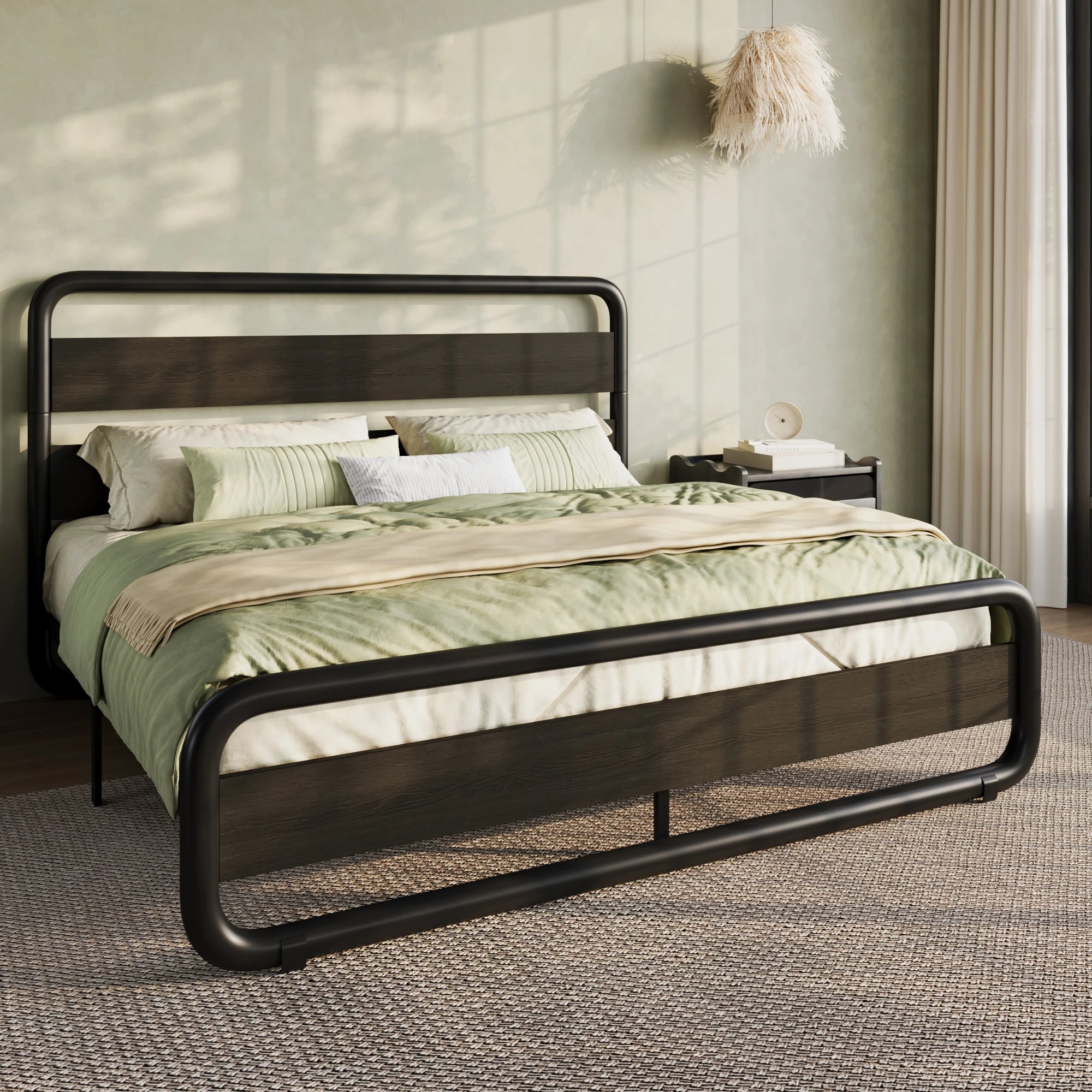 Metal Bed Frame with Curved Wooden Headboard & Footboard