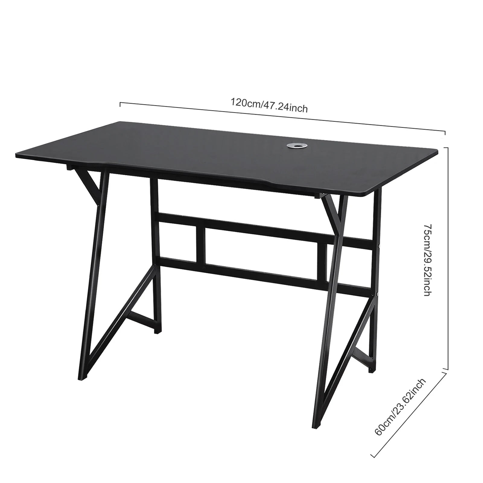 Home Office Gaming Desk with K-shaped Steel Legs, Modern Black Laptop Computer Desk with Cable Management Hole, Corner Table