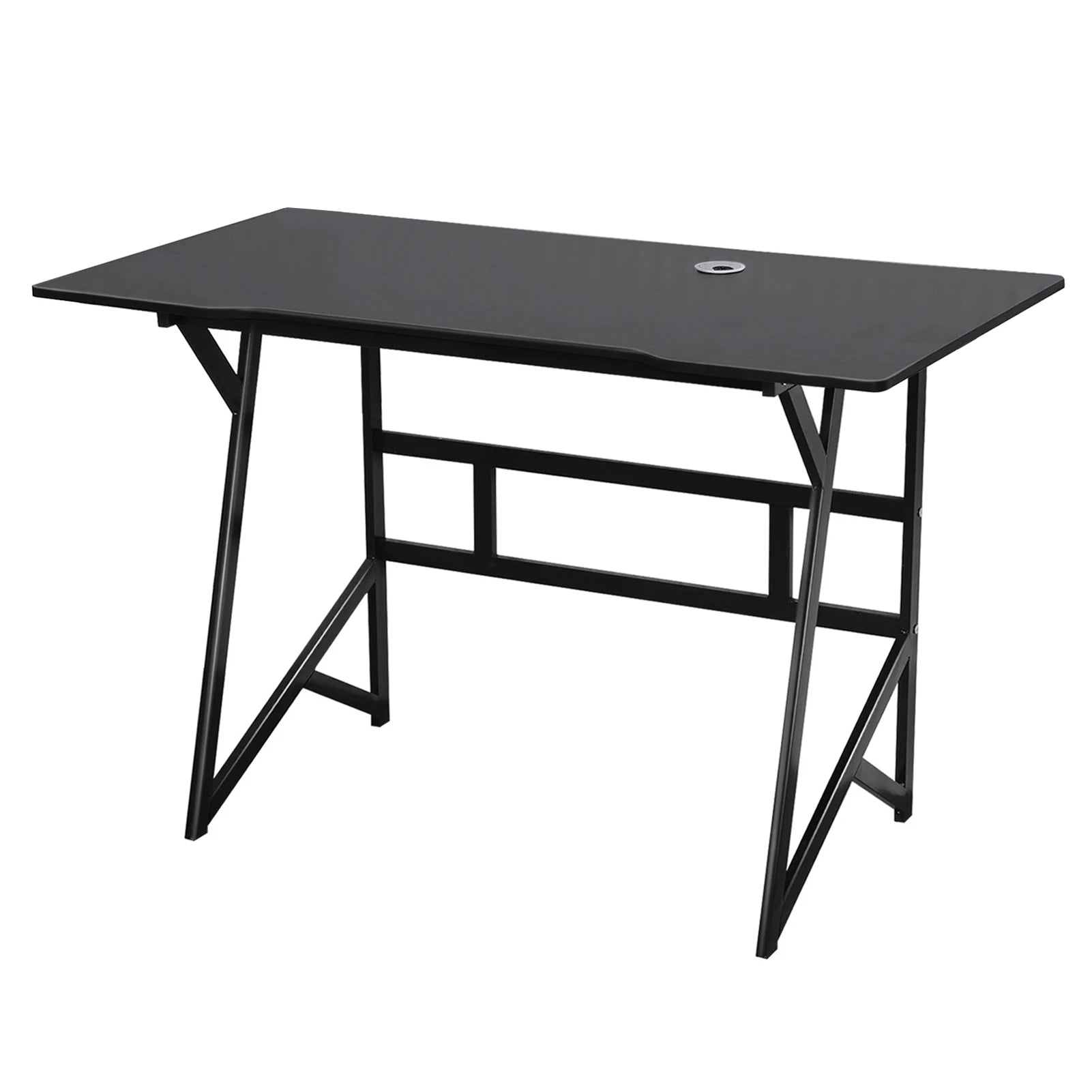 Home Office Gaming Desk with K-shaped Steel Legs, Modern Black Laptop Computer Desk with Cable Management Hole, Corner Table